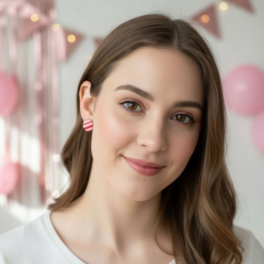 Australian handmade stud earrings Berry Stripe worn for playful everyday style