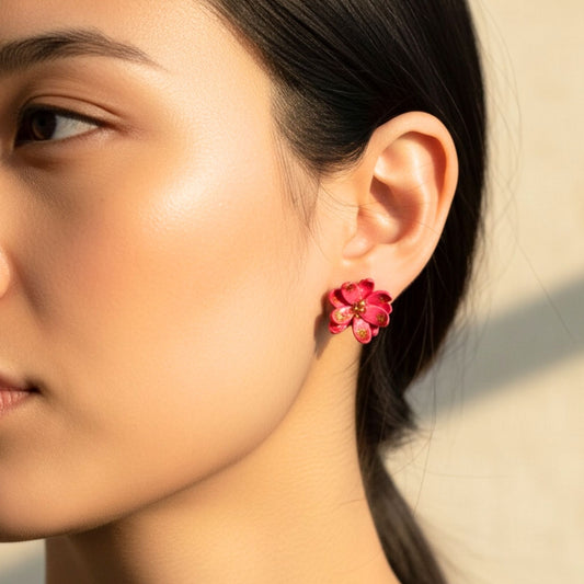 Close-up of a woman wearing Australian handmade pink floral earrings Blush Petal studs with a neutral background.