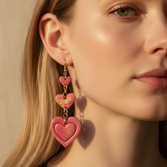 Close-up of a woman wearing handmade pink heart-shaped dangle earrings with gold accents.