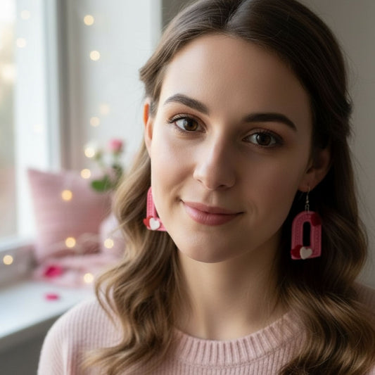 Australian handmade dangle earrings Love Note Arches worn for whimsical charm