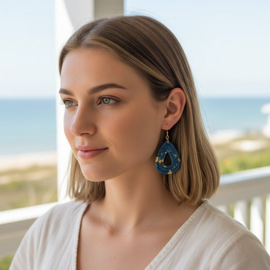 Australian handmade dangle earrings Ocean Gleam Teardrops worn for whimsical everyday style