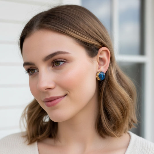 Australian handmade stud earrings Ocean Pebble Glow worn for coastal sparkle