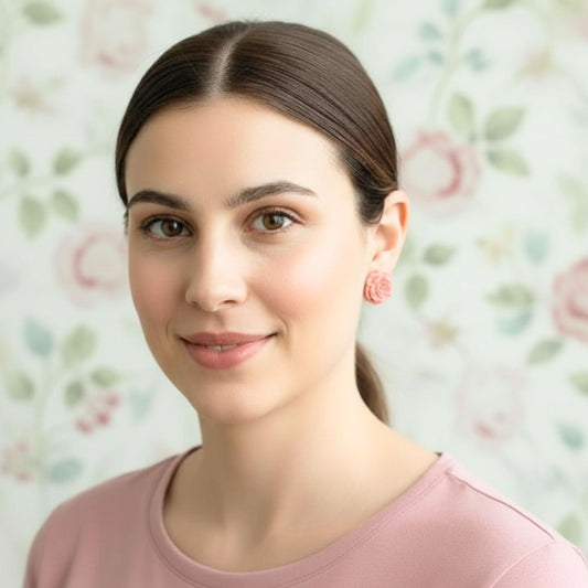 Australian handmade stud earrings Peach Blossom worn for playful everyday style