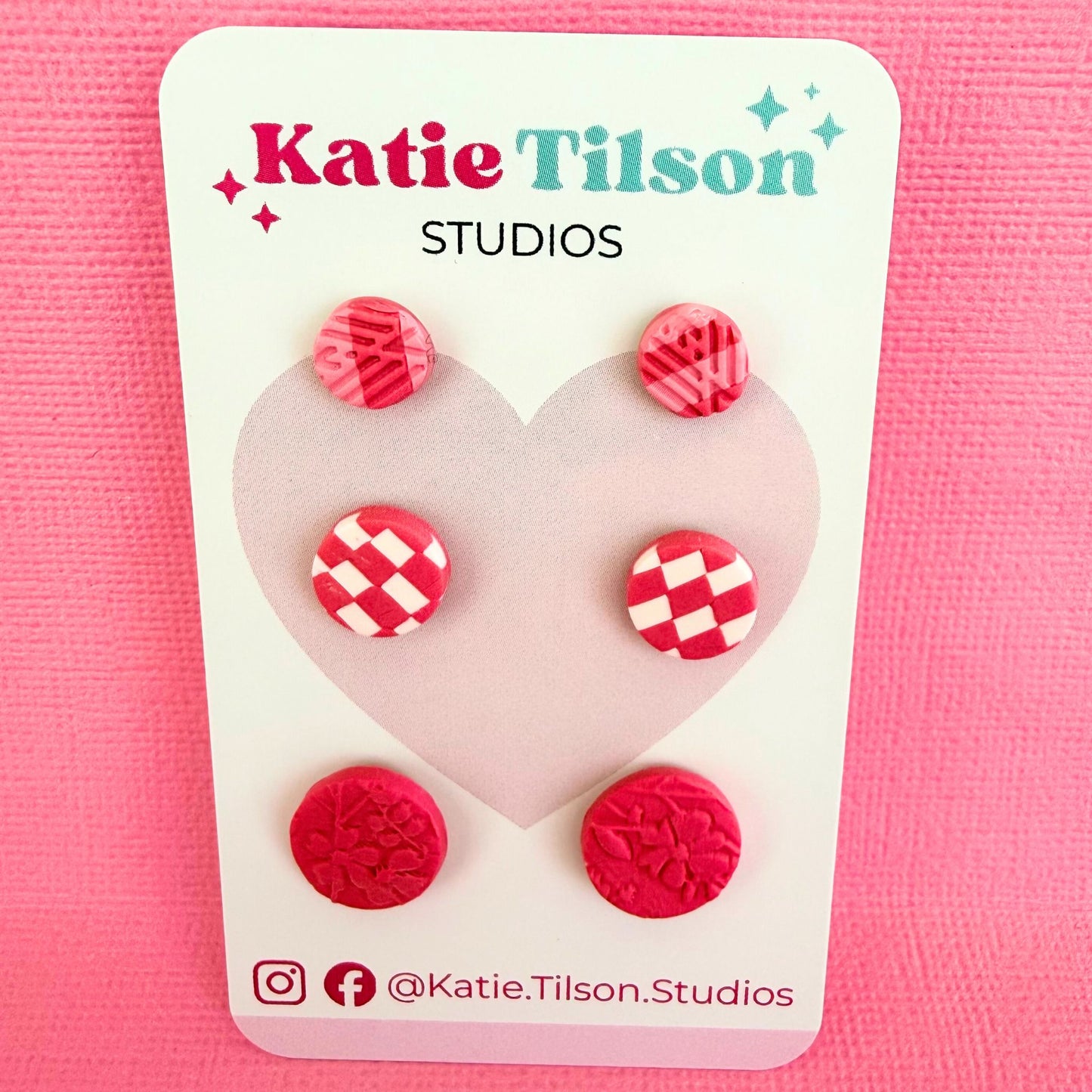 Handmade stud earrings Pretty In Pink Trio in gift packaging