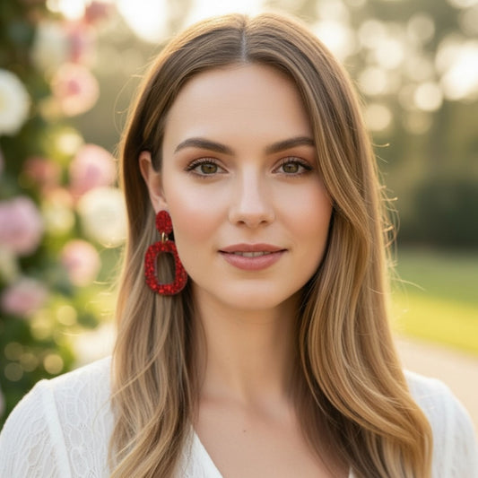 Australian handmade drop earrings Ruby Tuesday worn for joyful everyday style