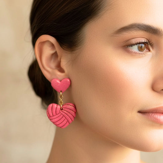 Close-up of a woman wearing pink heart-shaped earrings with a knitted texture against a neutral background.