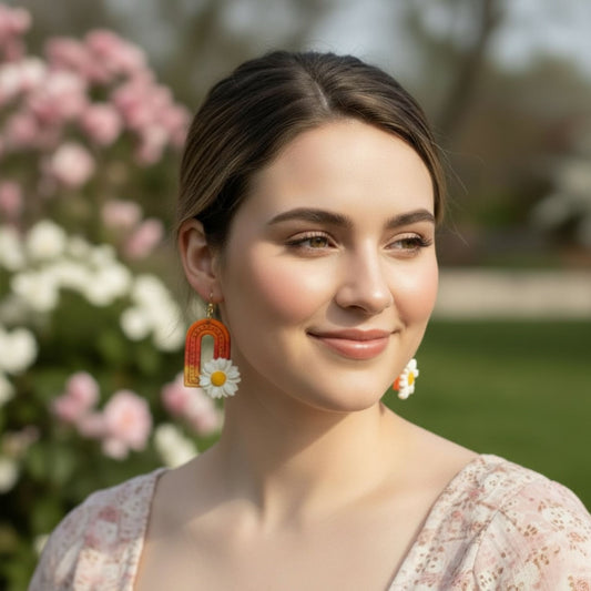 Australian handmade dangle earrings Sunrise Daisy Arches worn for whimsical charm