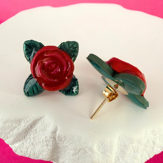 Australian handmade stud earrings Sweet Rose in red with gold findings