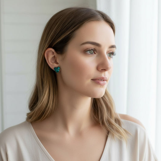 Australian handmade stud earrings Teal Heart worn for everyday sparkle