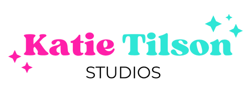 Logo for Katie Tilson Studios with pink and teal text on a white background