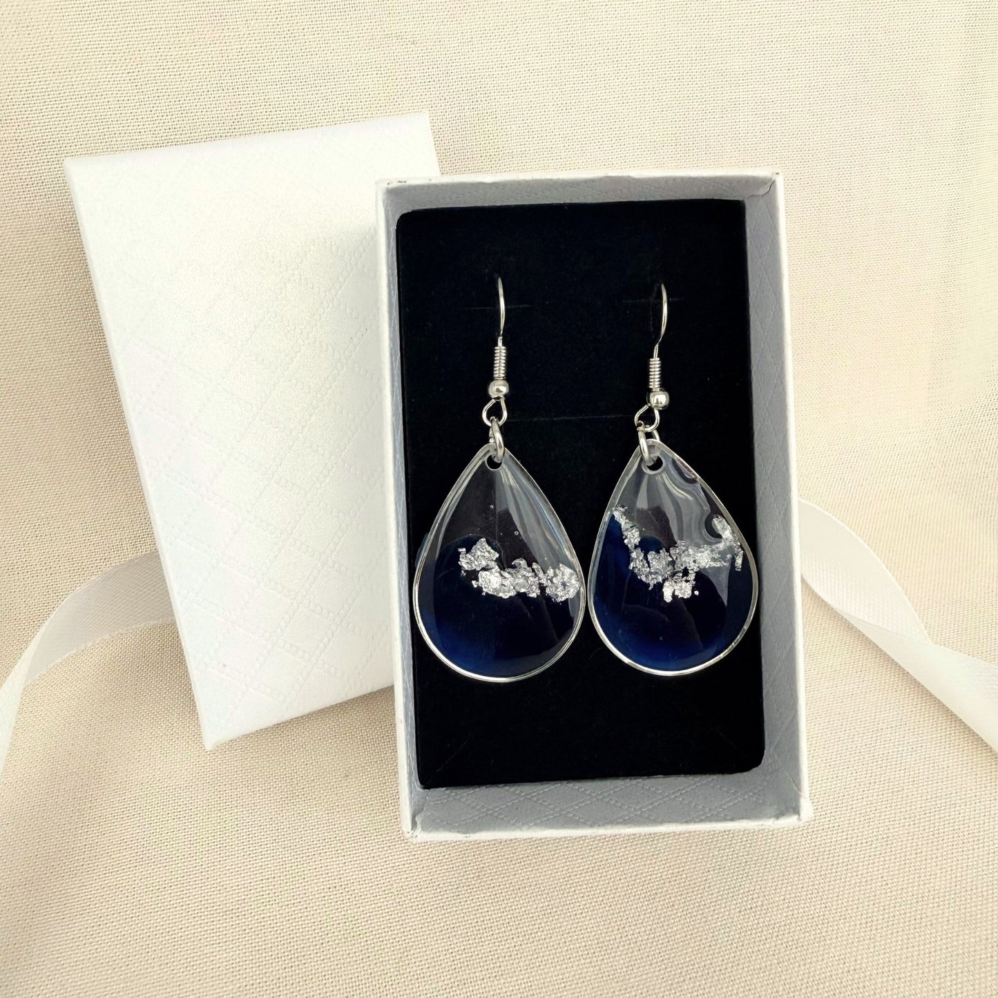 Australian handmade dangle earrings Azure Veil - blue resin with silver in gift box with white ribbon