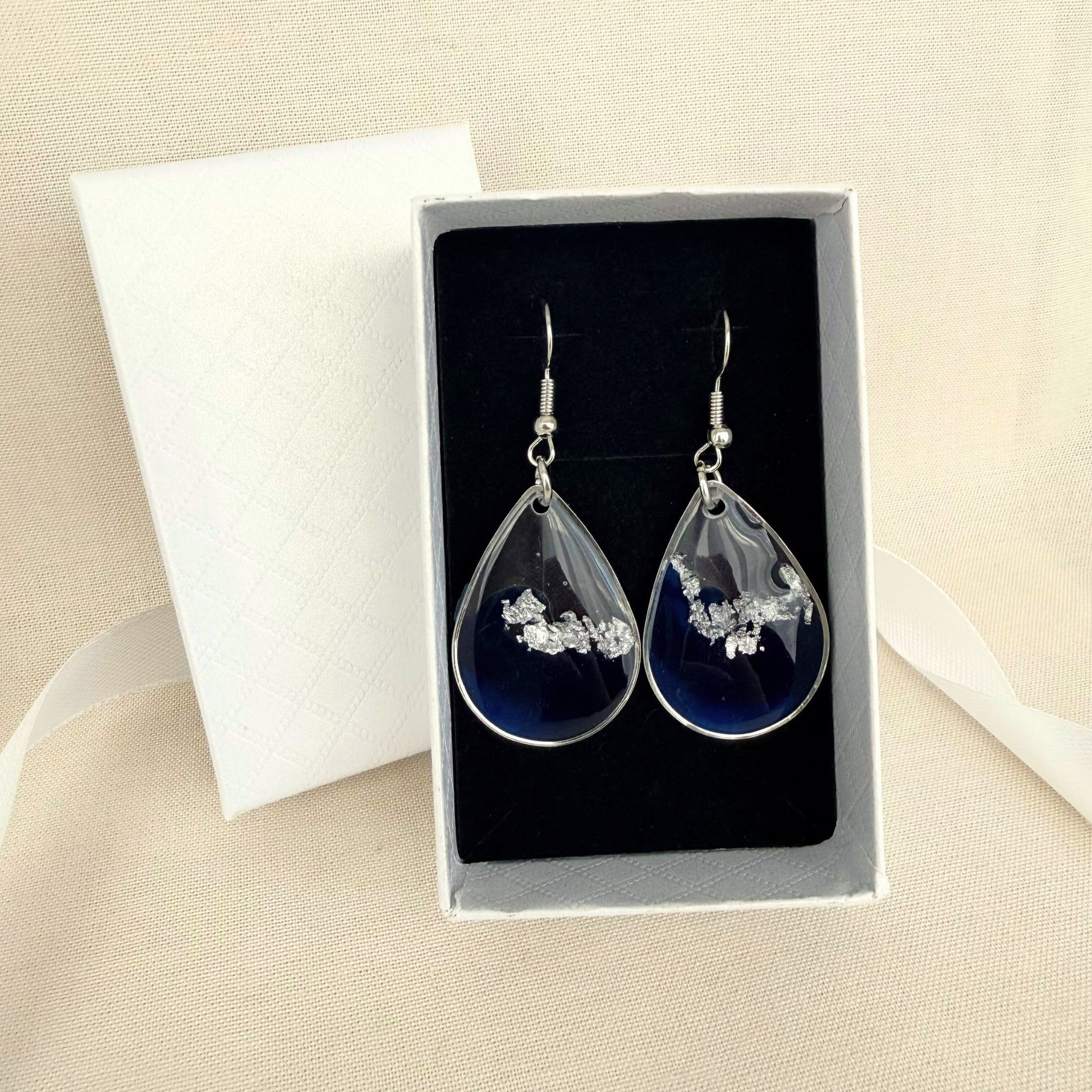 Australian handmade dangle earrings Azure Veil - blue resin with silver in gift box with white ribbon
