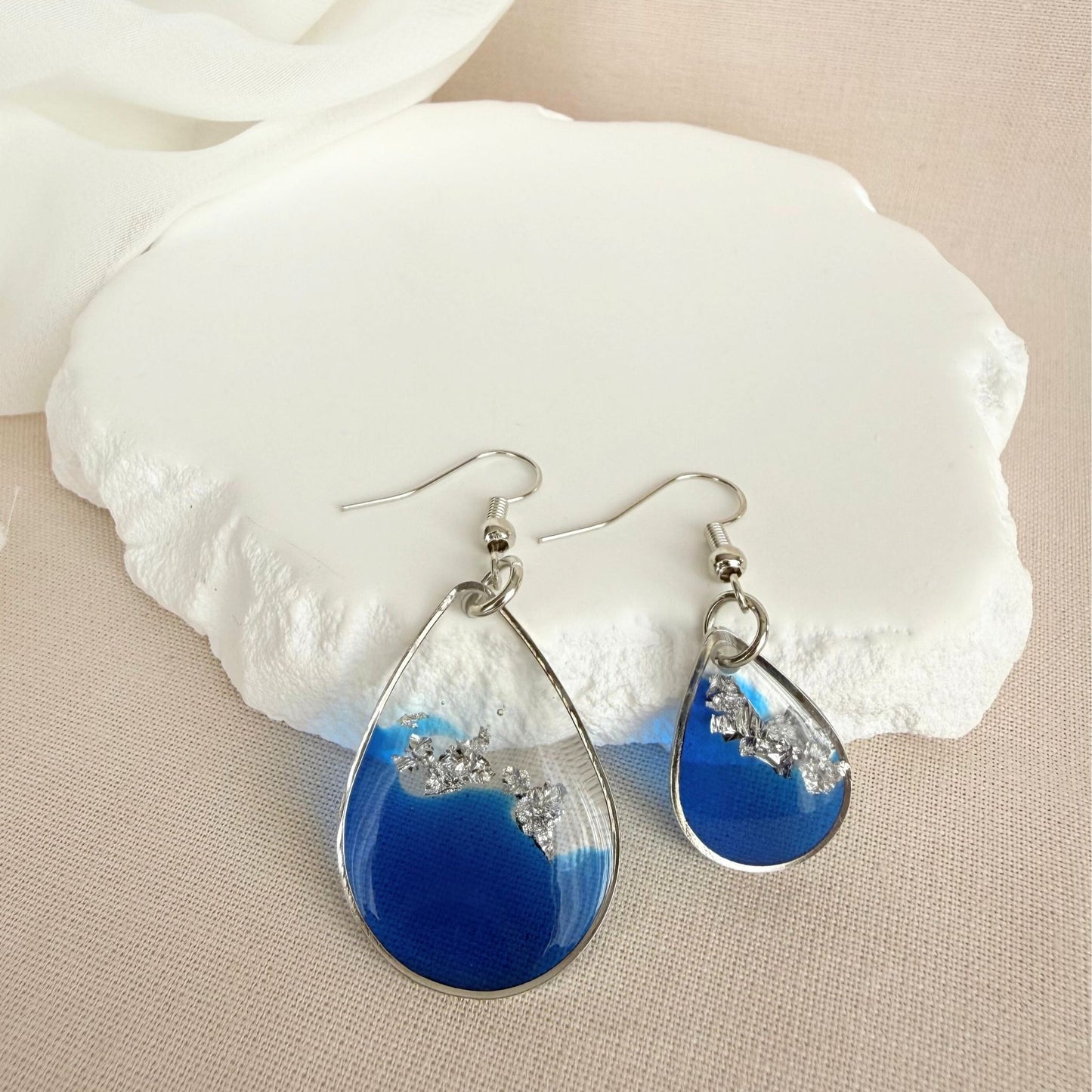 Australian handmade earrings Azure Veil shown in small and large size for scale