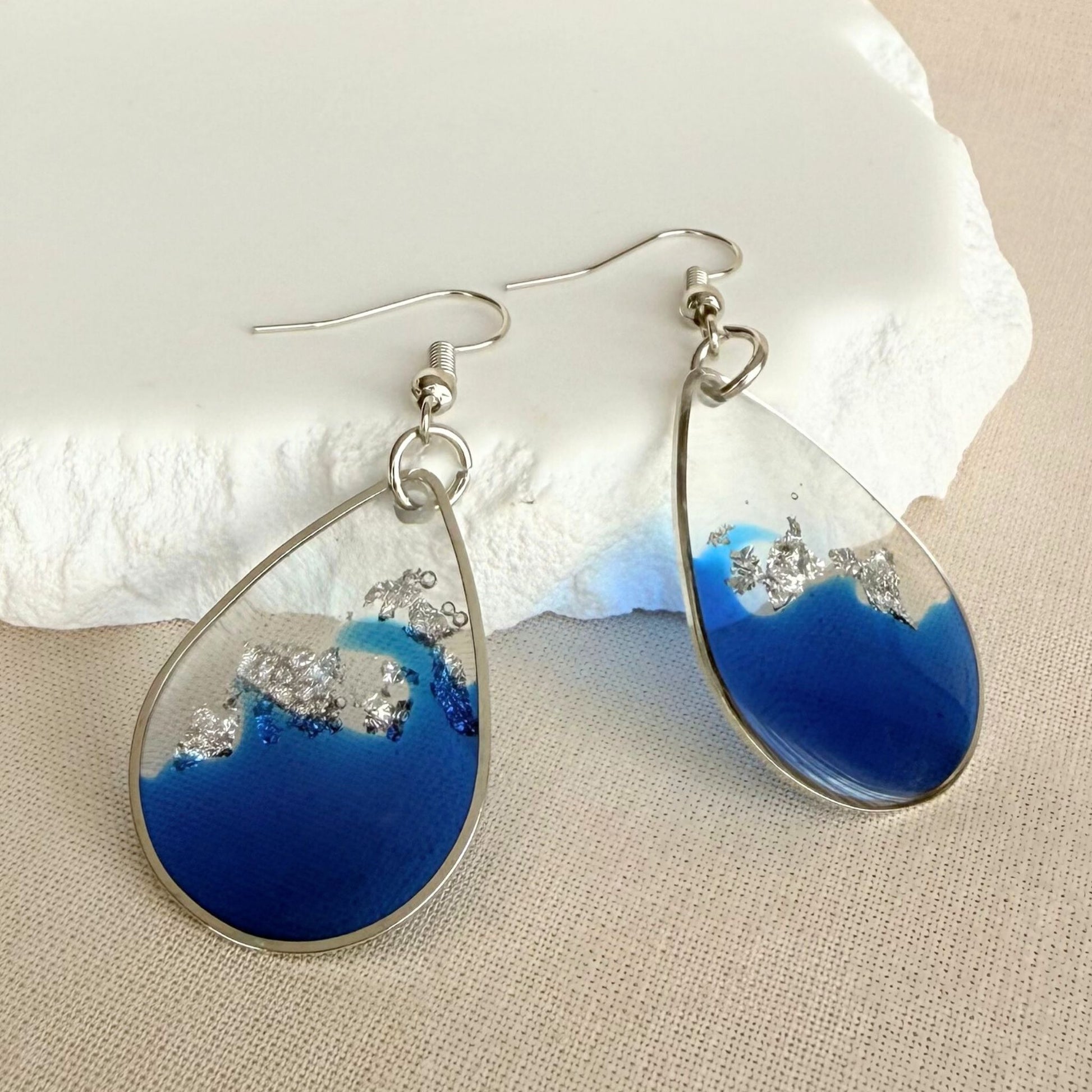 Australian handmade earrings Azure Veil in small size in deep blue resin with silver shimmer