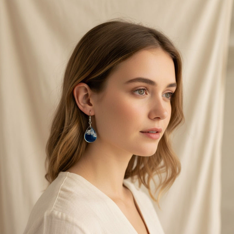 Model wearing Azure Veil earrings, handmade in Australia by Katie Tilson Studios