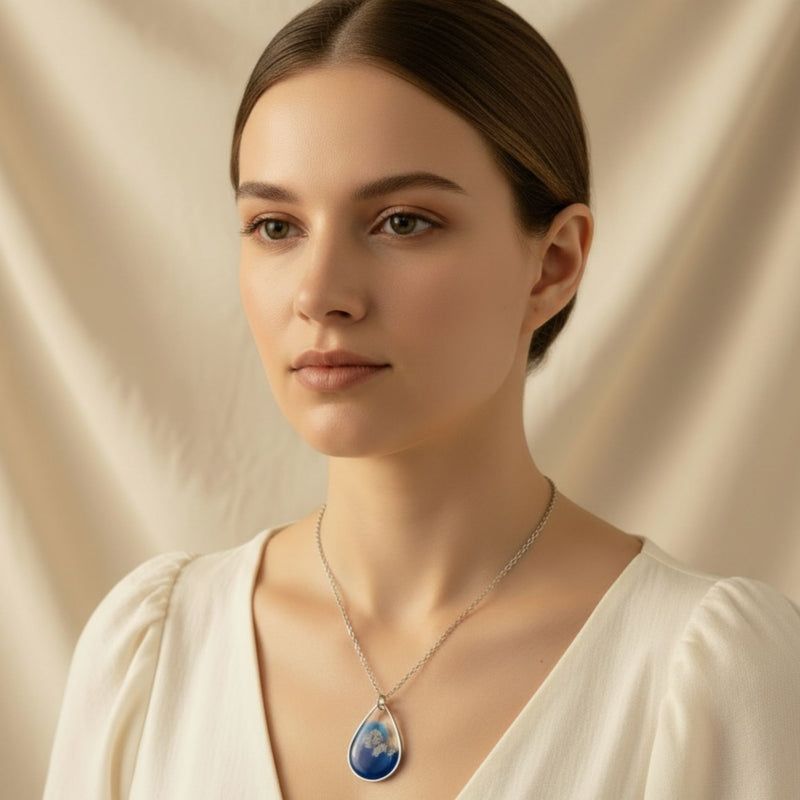 Model wearing Azure Veil necklace with blue and silver shimmer, Australian handmade by Katie Tilson Studios