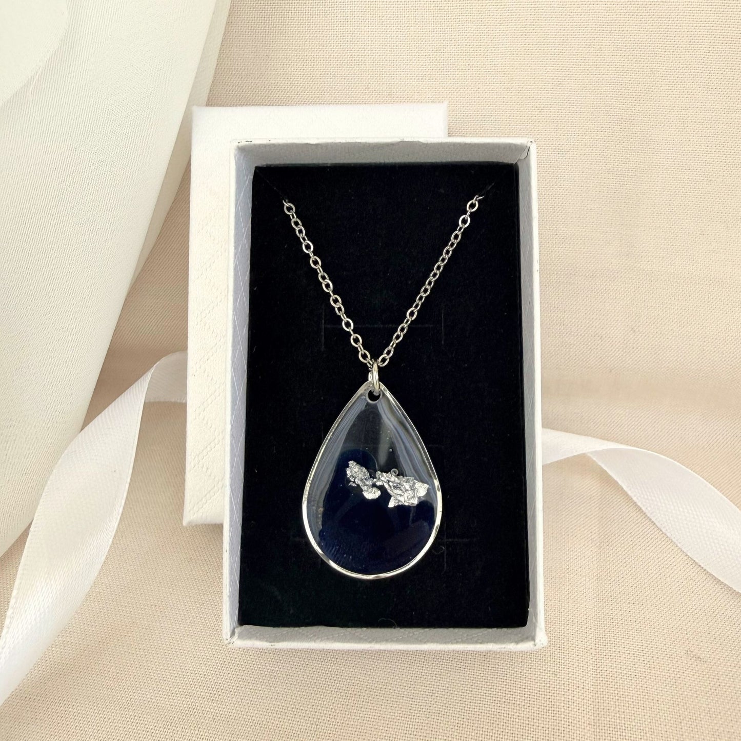 Australian handmade necklace Azure Veil presented in gift box with ribbon.