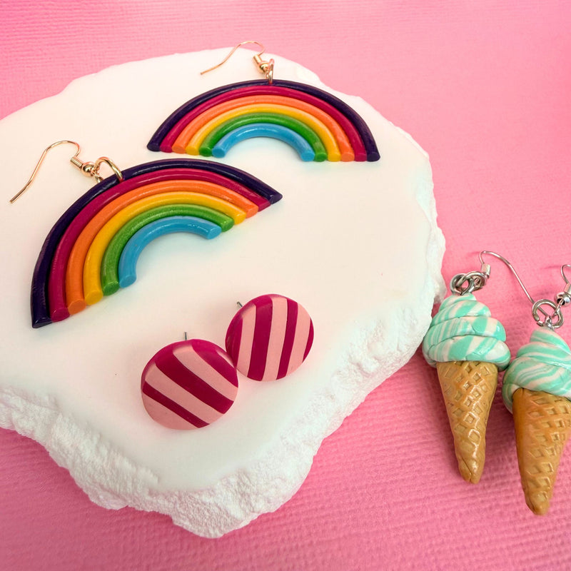 Australian handmade stud earrings Berry Stripe styled with other Katie Tilson Studios earrings