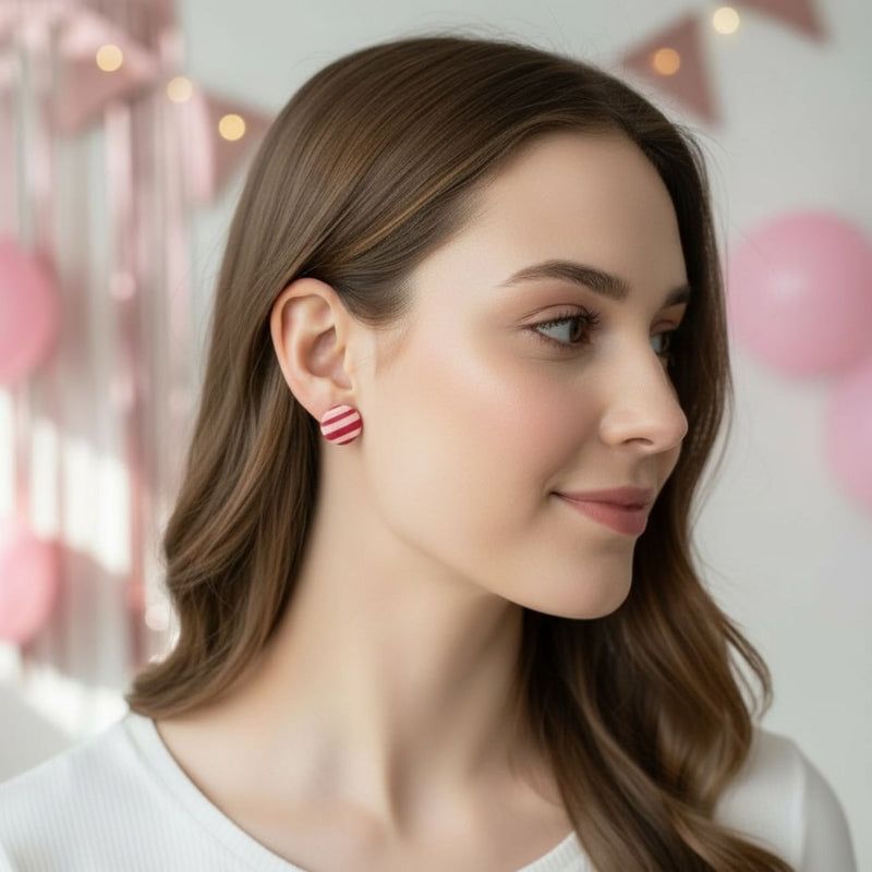 Australian handmade stud earrings Berry Stripe worn for joyful everyday style