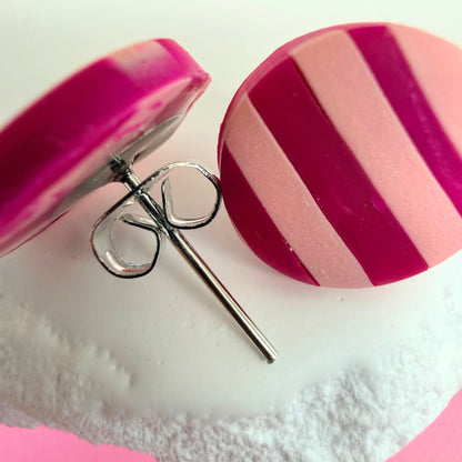 Close up of lightweight handmade stud earrings Berry Stripe