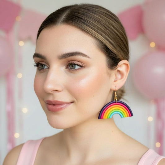 Australian handmade dangle earrings Bold Rainbow Dreams worn for whimsical everyday style