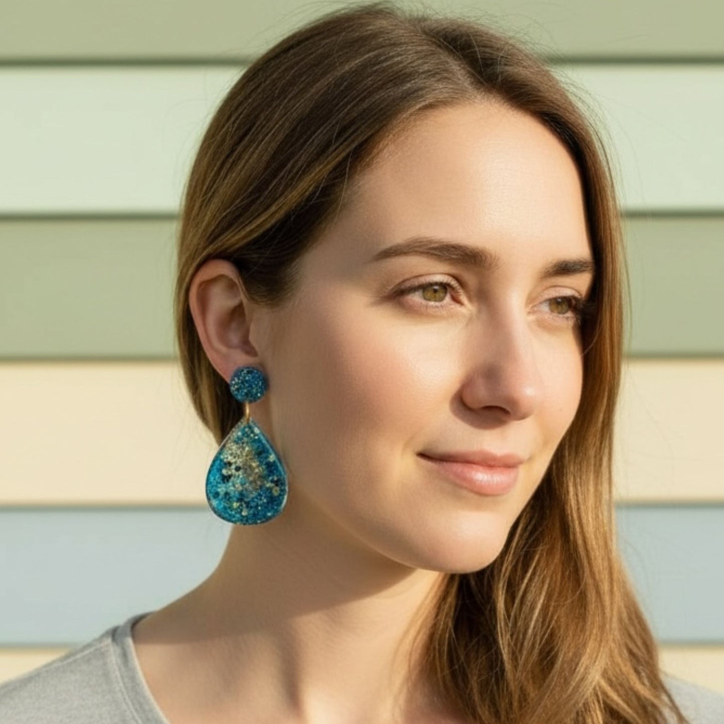 Australian handmade drop earrings Cerulean Sea worn for joyful everyday style