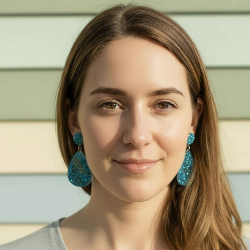 Australian handmade drop earrings Cerulean Sea worn for playful everyday sparkle