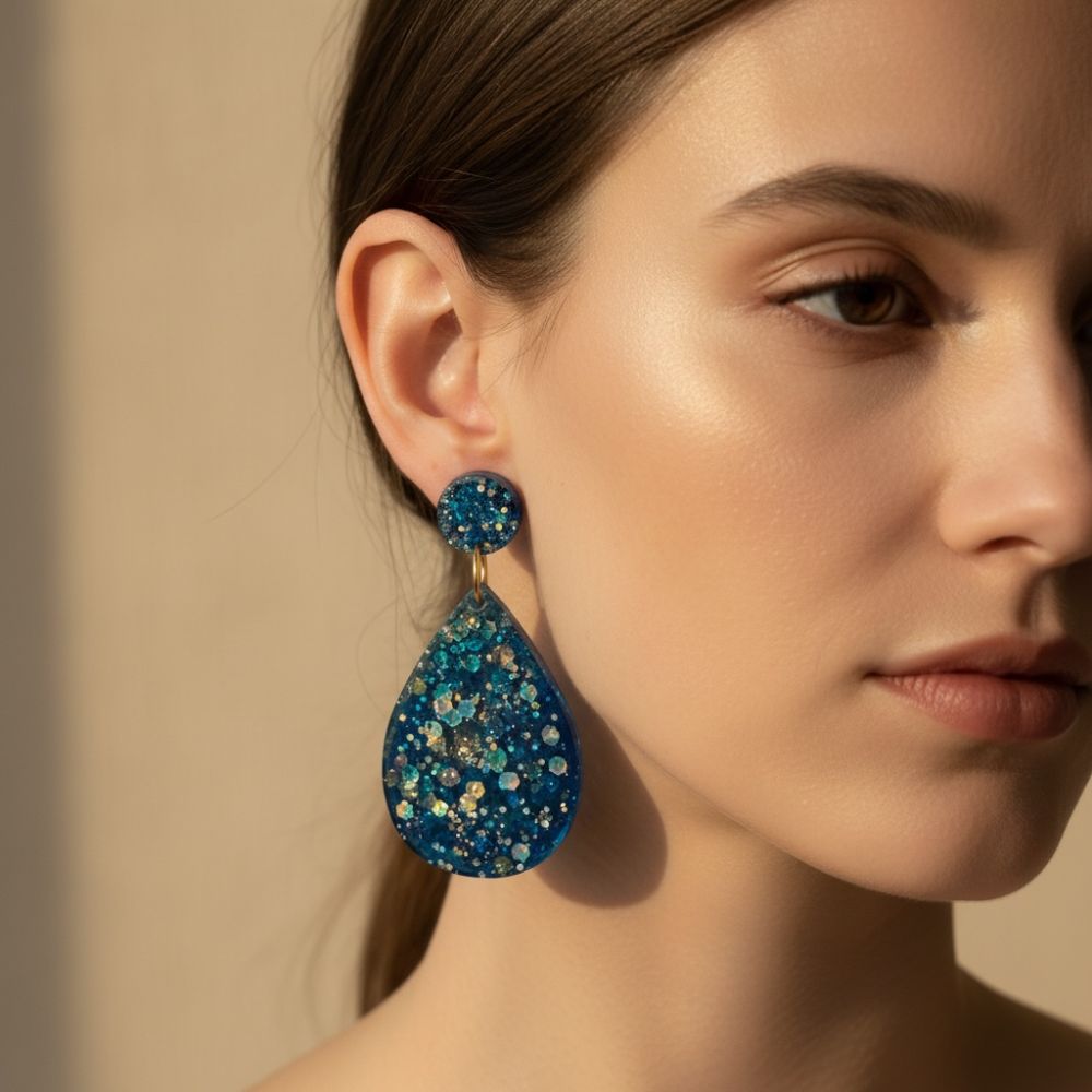 Close-up of a woman wearing blue resin drop earrings with gold accents against a beige background.