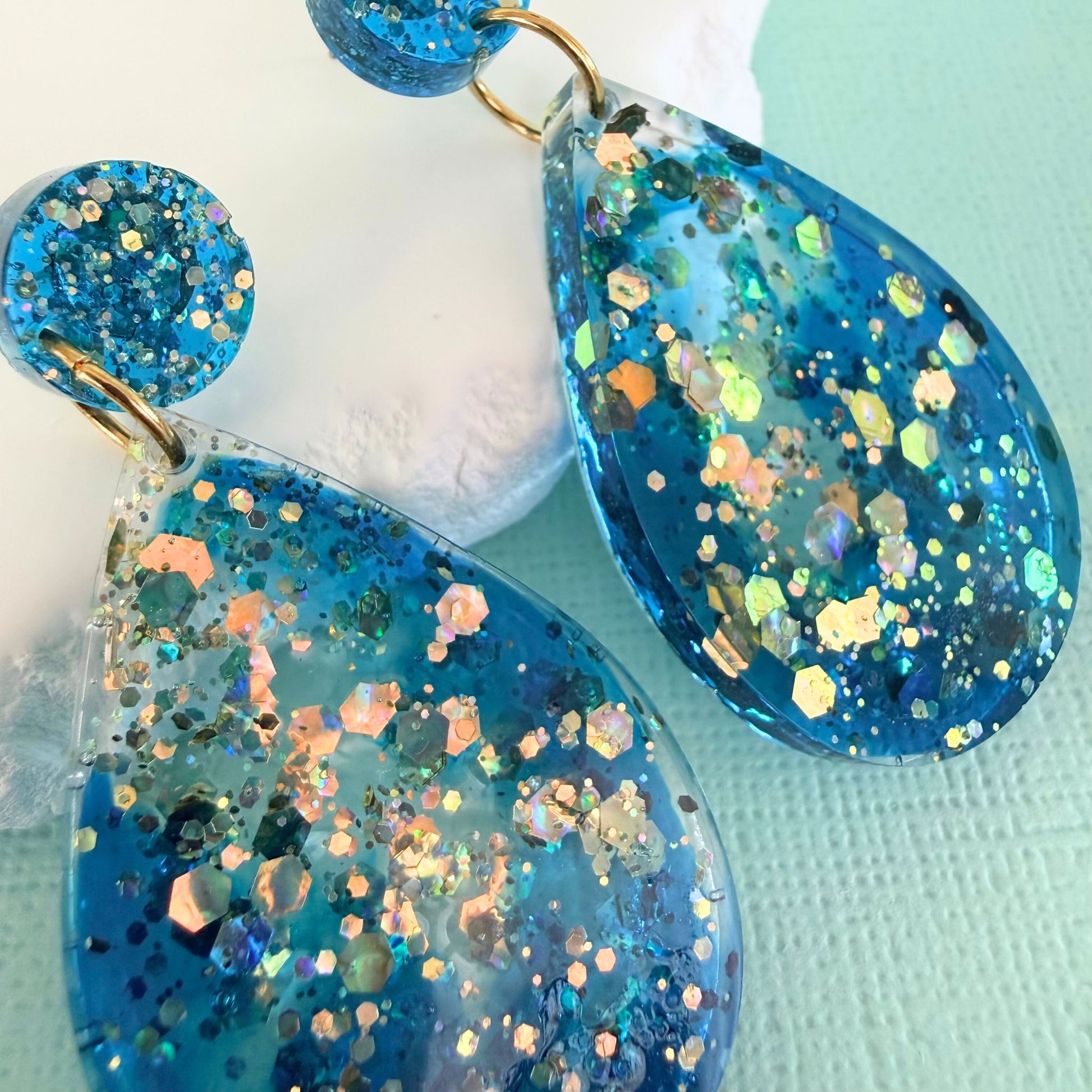 Close-up of lightweight handmade drop earrings Cerulean Sea