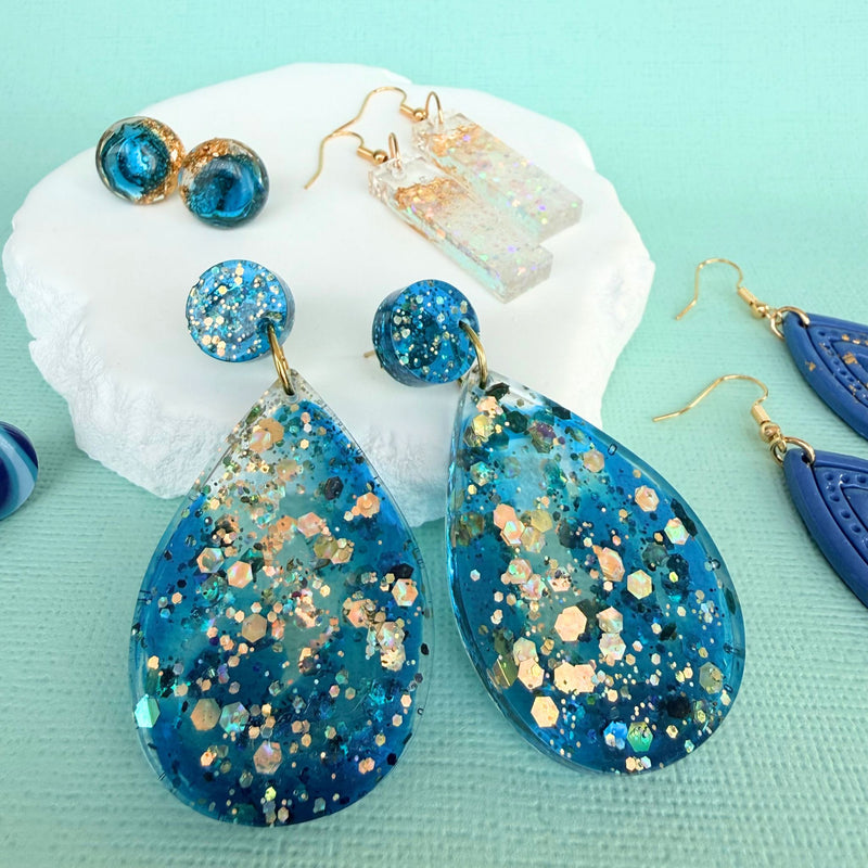 Australian handmade drop earrings Cerulean Sea styled with other Katie Tilson Studios earrings