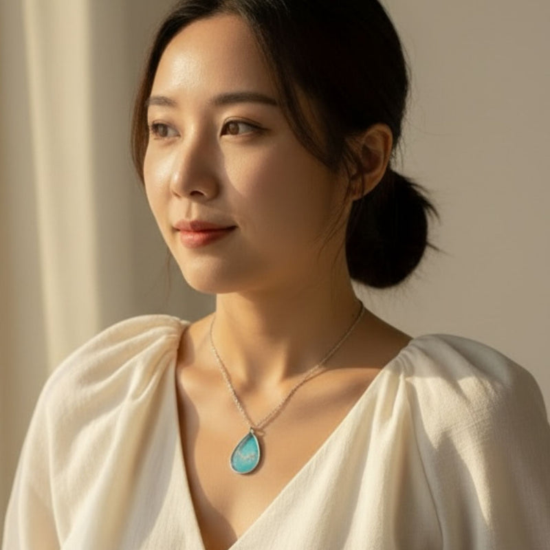 Model wearing Coastal Glow necklace inspired by the coast, handmade in Australia by Katie Tilson Studios