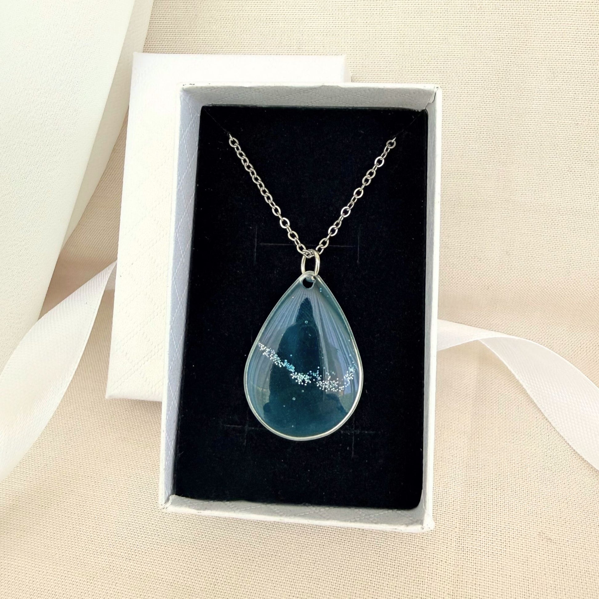 Australian handmade necklace Coastal Glow presented in gift box with ribbon.