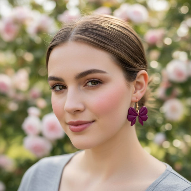 Australian handmade dangle earrings Cute Bows worn for whimsical everyday style 