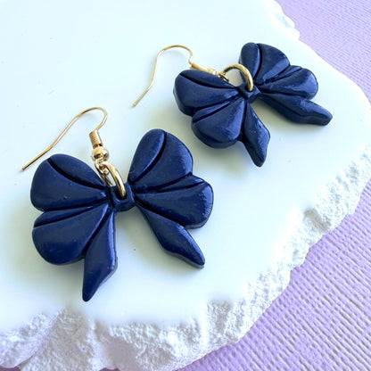 Australian handmade polymer clay dangle earrings Cute Bows in navy with gold findings