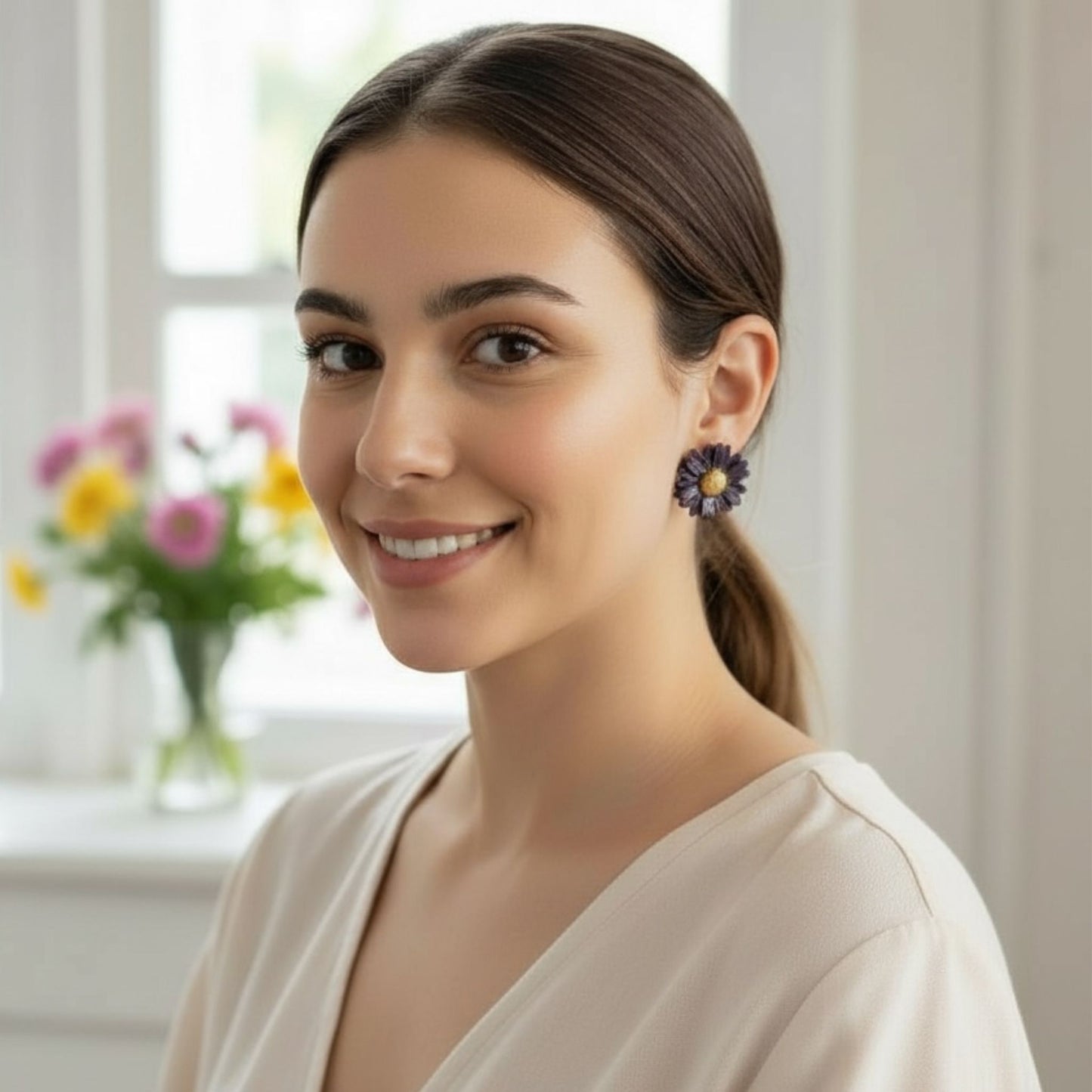 Australian handmade stud earrings Daisy Days worn for whimsical everyday sparkle