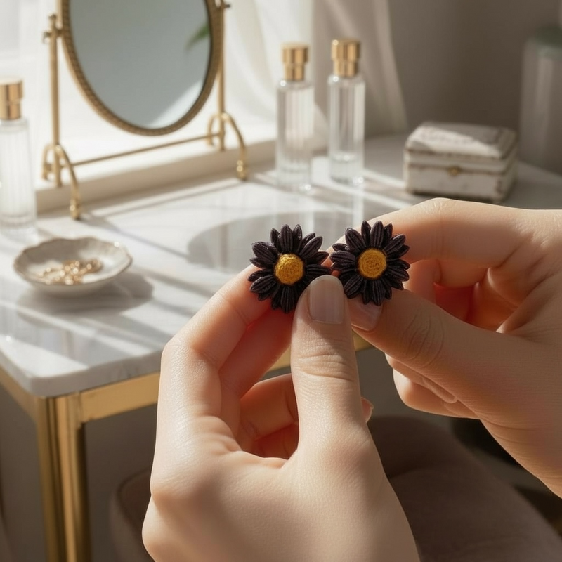 Hands holding purple polymer clay daisy studs with yellow centres.