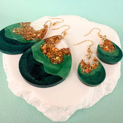 Australian handmade earrings Teal Geode shown in small and large sizes for scale