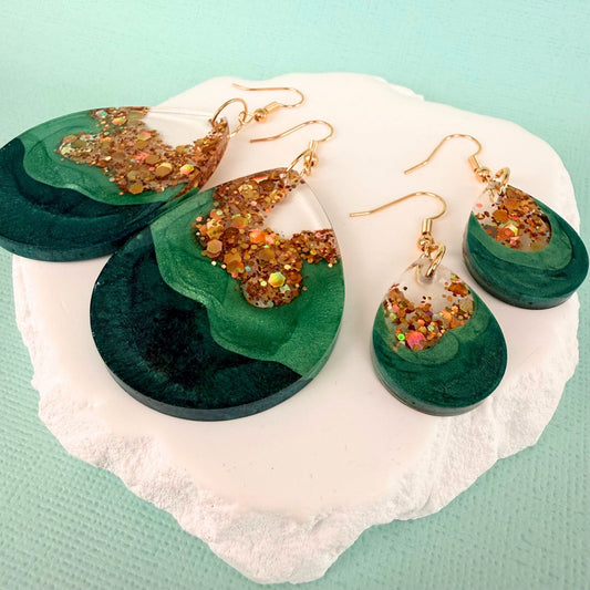 Australian handmade earrings Teal Geode shown in small and large sizes for scale