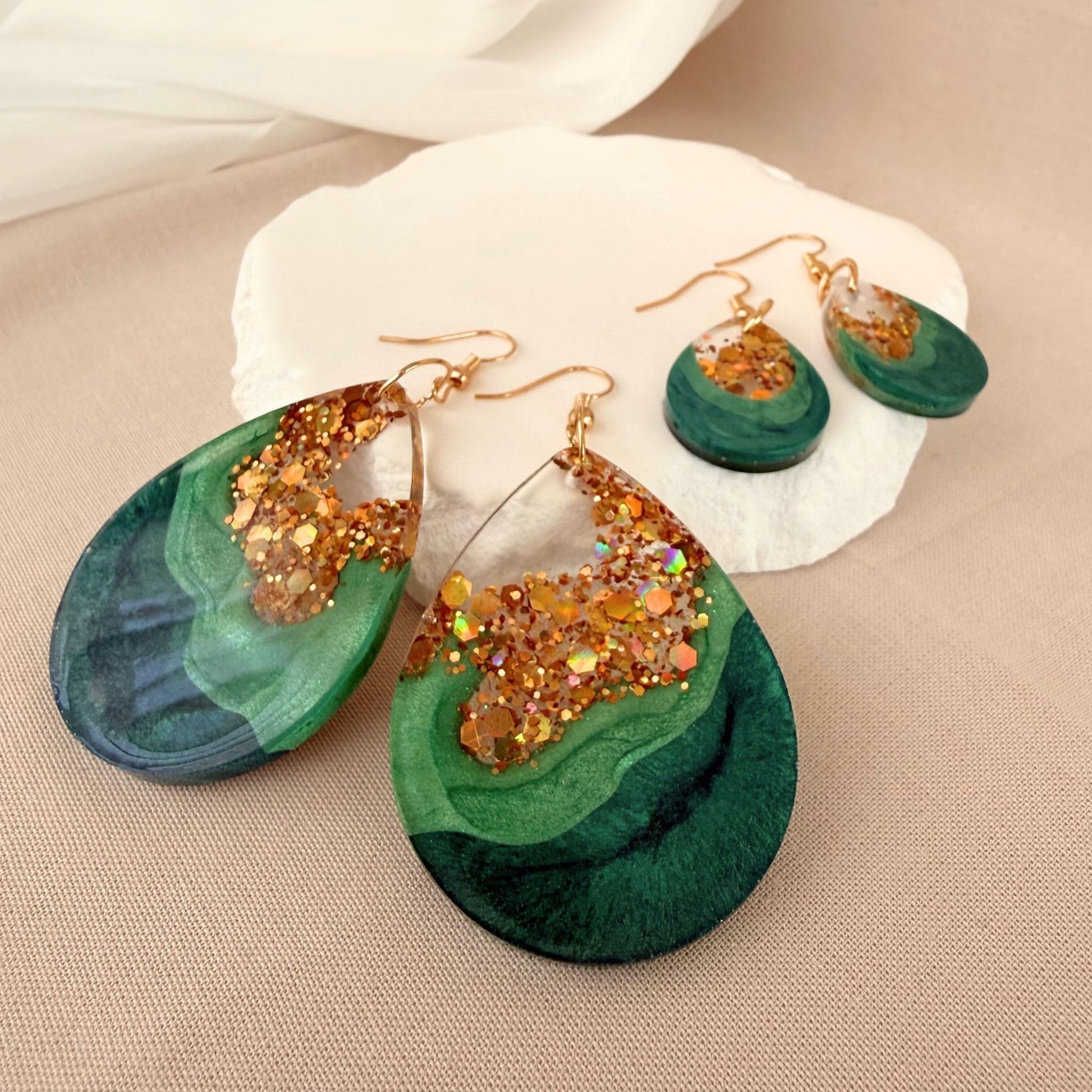 Australian handmade earrings Emerald Geode shown in small and large sizes for scale