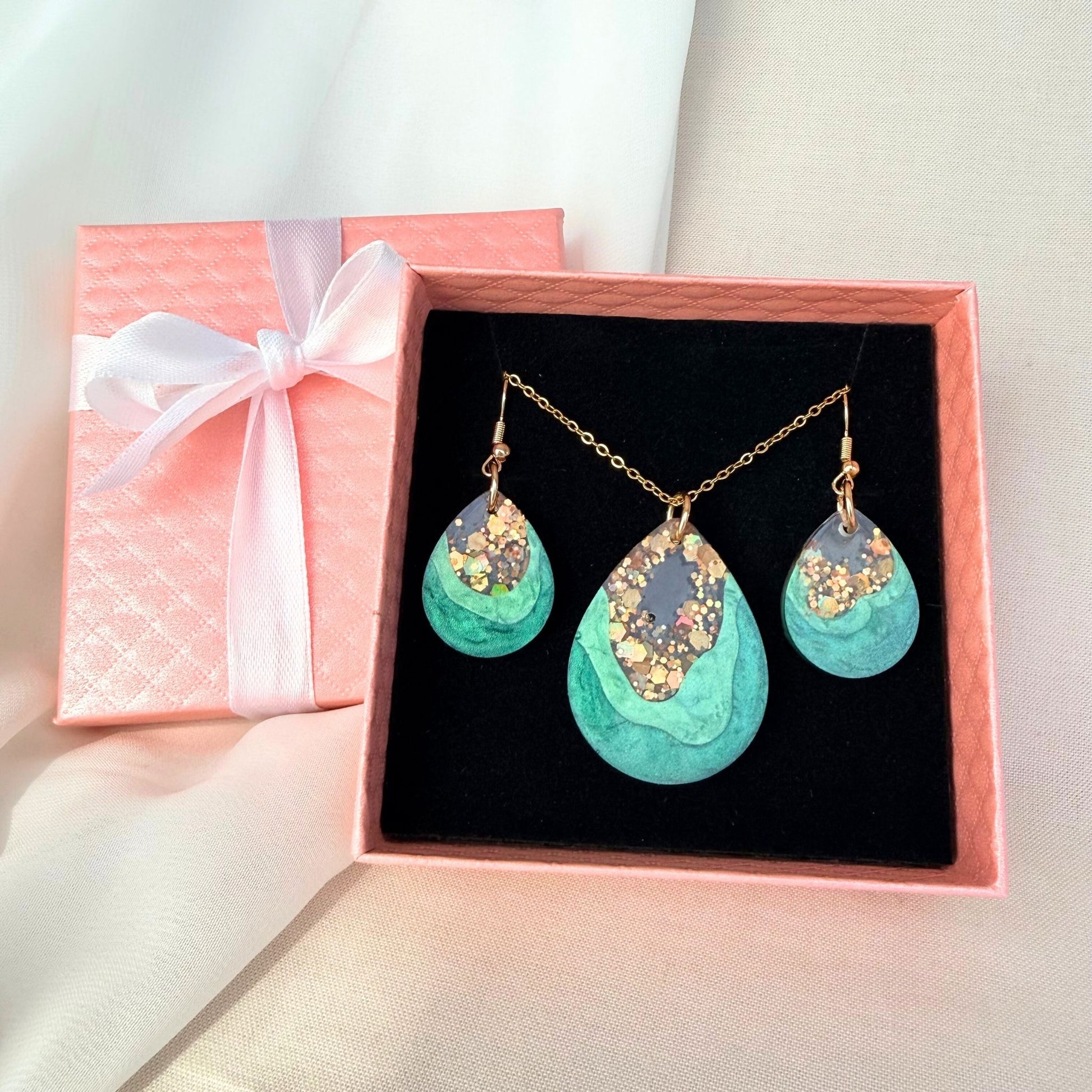 Emerald Geode Australian handmade necklace and earrings gift set in playful resin sparkle