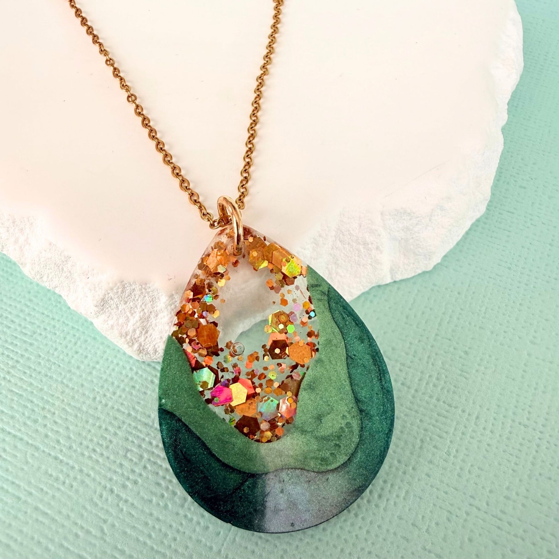 Australian handmade statement necklace Emerald Geode in resin sparkle design