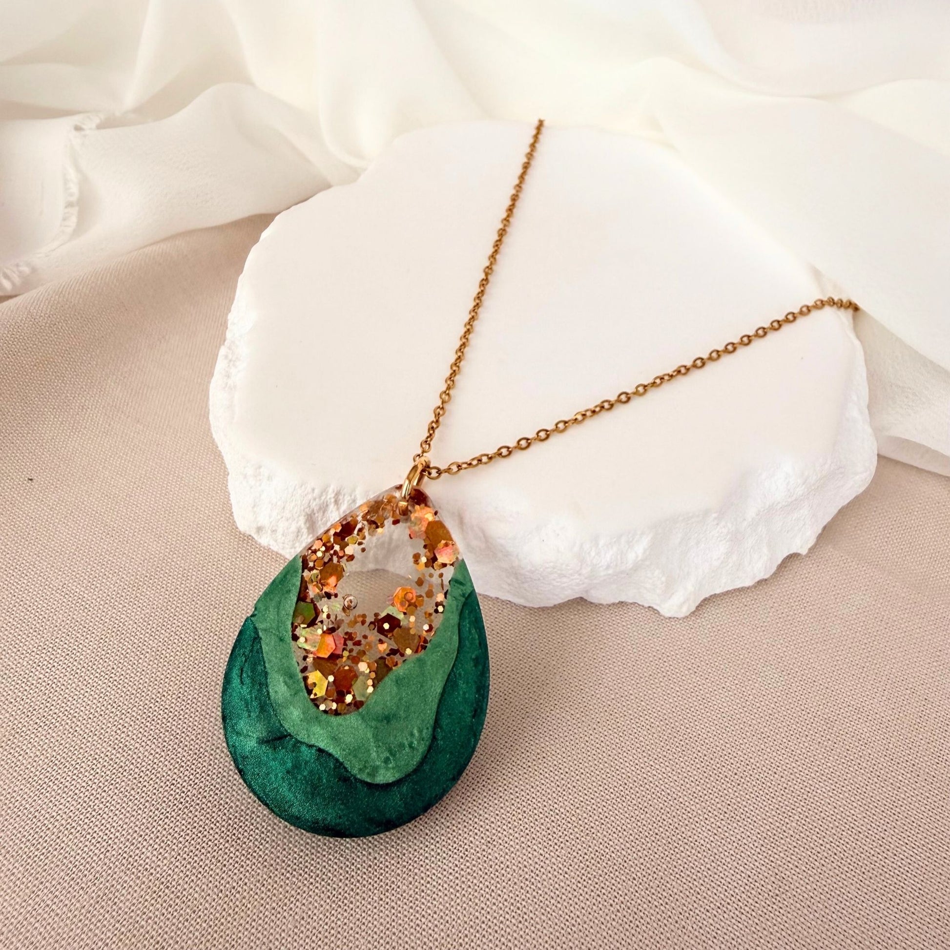 Australian handmade statement necklace Emerald Geode in resin sparkle design