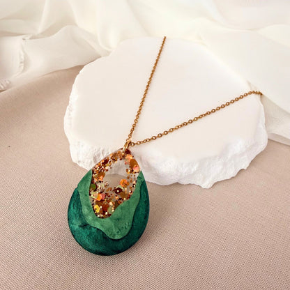 Australian handmade statement necklace Emerald Geode in resin sparkle design
