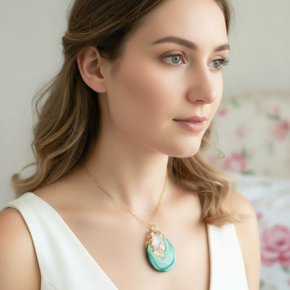 Australian handmade necklace Emerald Geode worn for whimsical everyday style