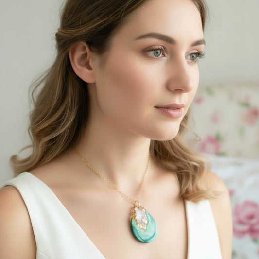 Australian handmade necklace Emerald Geode worn for whimsical everyday style