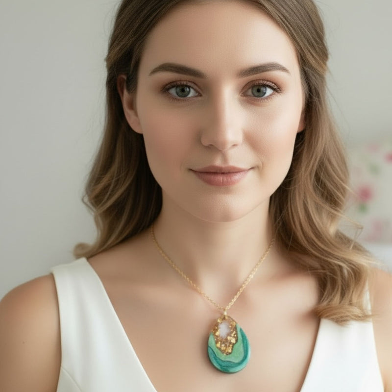 Australian handmade necklace Emerald Geode worn for playful everyday sparkle