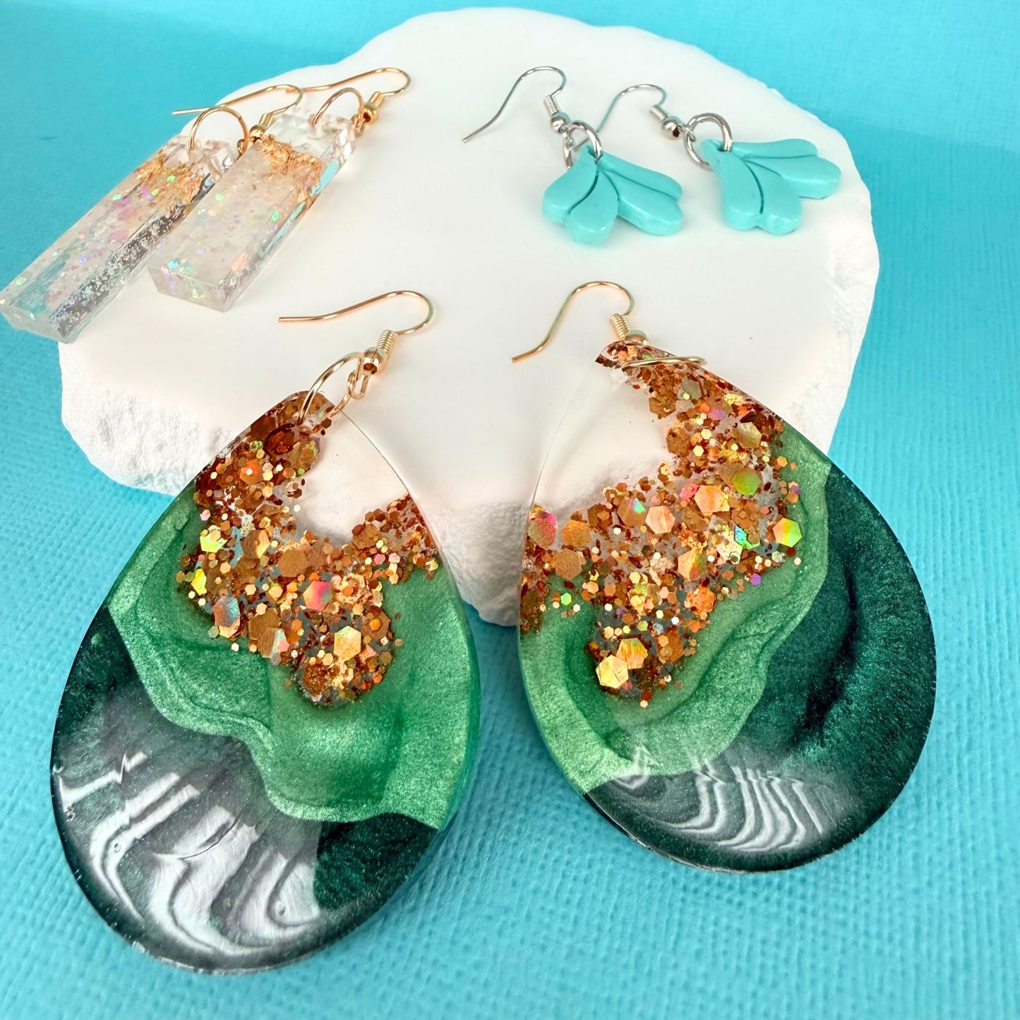 Australian handmade statement earrings Emerald Geode styled with other Katie Tilson Studios earrings