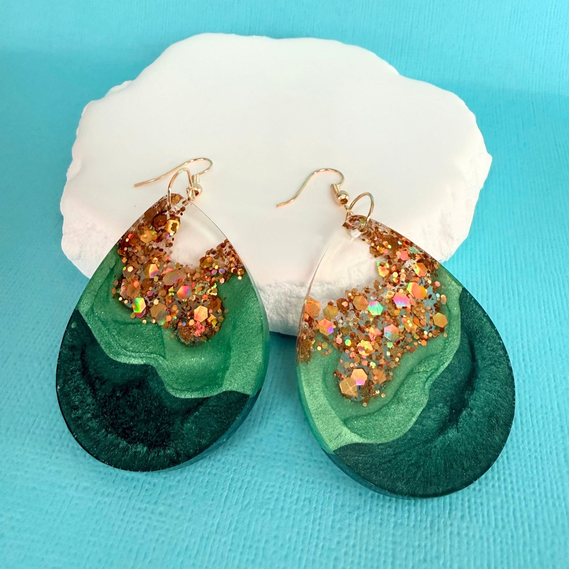 Australian handmade statement earrings Emerald Geode in colourful resin design