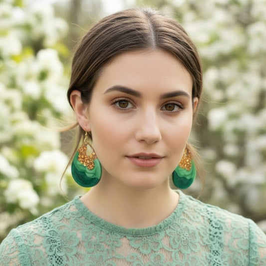 Australian handmade statement earrings Emerald Geode worn for everyday sparkle