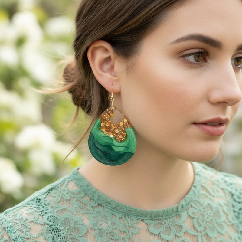 Australian handmade statement earrings Emerald Geode worn for everyday joyful style